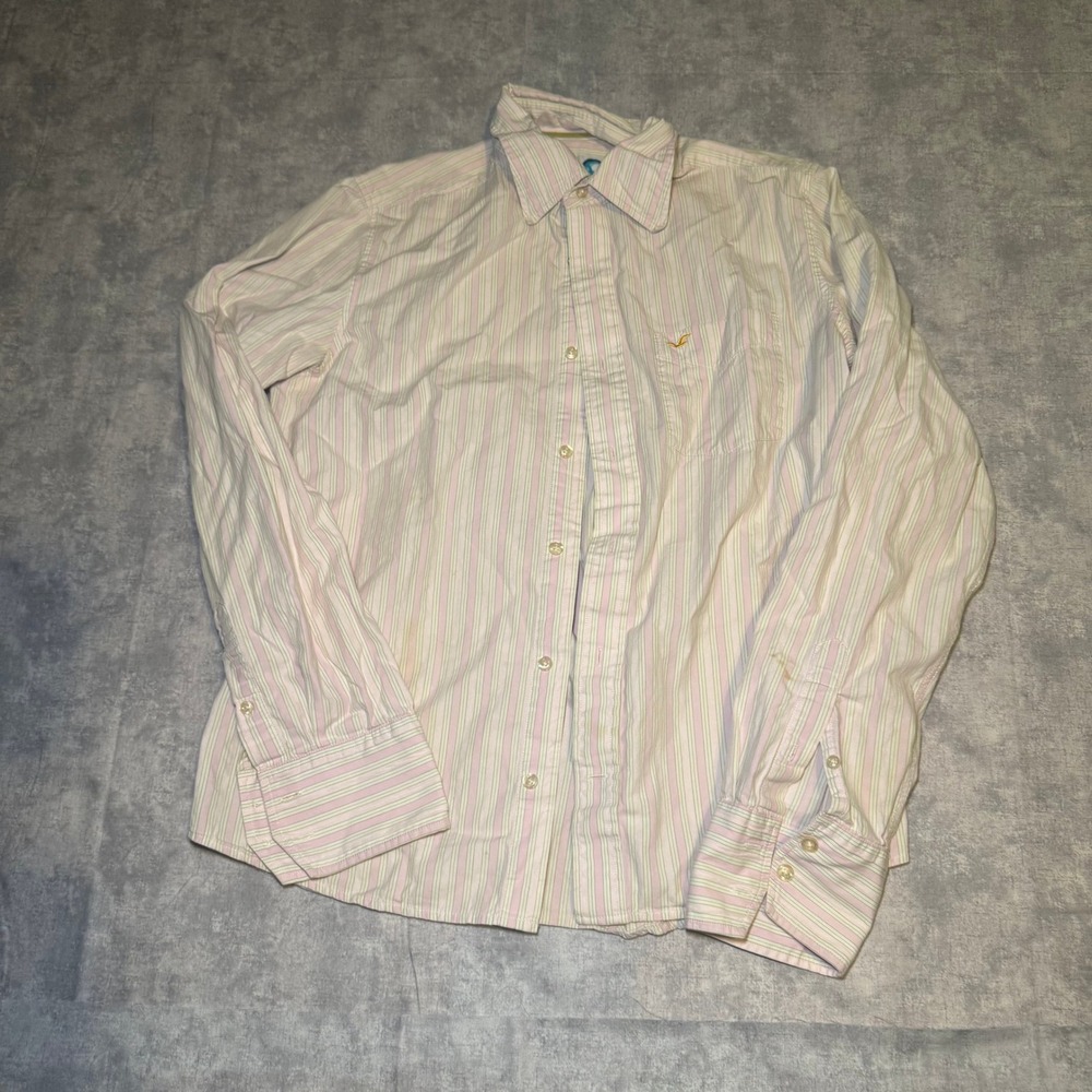 Hollister Mens Large Pink Green Striped Long Sleeve Button Down Cotton Shirt